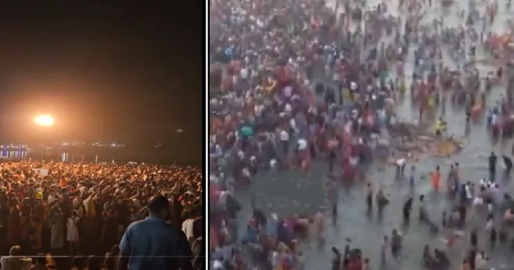 മലപ്പുറത്തെ തിരുനാവായില്‍ നടക്കുന്ന കുംഭമേളയുടെ ഭാഗമായുള്ള നിളാ ആരതി കാണാന്‍ തടിച്ചുകൂടിയ പതിനായിരങ്ങള്‍ (ഇടത്ത്) പ്രയാഗ് രാജിലെ മഹാകുംഭമേളയില്‍ പങ്കെടുക്കുന്ന ഭക്തര്‍ (വലത്ത്)