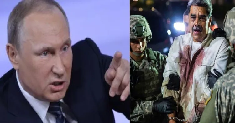 വെനസ്വേല പ്രസിഡന്‍റ് നിക്കോളാസ് മഡൂറോയെ യുഎസ് സൈനികര്‍ വിലങ്ങ് വെച്ച് കൊണ്ടുപോകുന്നു (വലത്ത്)