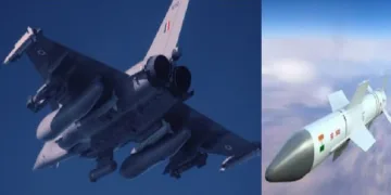 അടിവയറ്റില്‍ ഘടിപ്പിച്ച മെറ്റിയോര്‍ മിസൈലുമായി റിപ്പബ്ലിക് ദിനത്തില്‍ പറന്ന റഫാല്‍ യുദ്ധവിമാനം (ഇടത്ത്) മെറ്റിയോര്‍ മിസൈല്‍ (വലത്ത്)