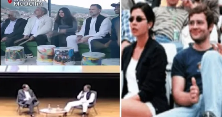 രാഹുല്‍ ഗാന്ധി കൊളംബിയക്കാരിയായ കാമുകി വെറോനിക്ക കാര്‍ട്ടെലിയ്ക്കൊപ്പം (വലത്ത്) കൊളംബിയയില്‍ ഒരു സംഗീതട്രൂപ്പിനൊപ്പം ഡ്രം കൊട്ടുന്ന രാഹുല്‍ ഗാന്ധി (ഇടത്ത് മുകളില്‍) കൊളംബിയയിലെ ഇഐഎ യൂണിവേഴ്സിറ്റിയില്‍ ഇന്ത്യയെ വിമര്‍ശിക്കുന്ന രാഹുല്‍ ഗാന്ധി (ഇടത്ത് താഴെ)