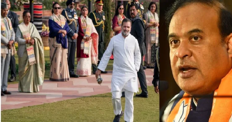 ഗമോസ എന്ന ഷാള്‍ ധരിച്ച് രാഷ്ട്രപതിയുടെ വിരുന്നിന് എത്തിയ മുന്‍ രാഷ്ട്രപതി രാംനാഥ് കോവിന്ദ് ഉള്‍പ്പടെയുള്ളവര്‍ ഷാള്‍ ധരിയ്ക്കാതെ വിരുന്നിനെത്തിയ രാഹുല്‍ ഗാന്ധിയെ നോക്കുന്നു (ഇടത്ത്) രാഹുല്‍ ഗാന്ധി മാത്രമാണ് രാഷ്ട്രപതിയുടെ നിര്‍ദേശത്തെ ധിക്കരിക്കുന്ന വസ്ത്രധാരണവുമായി വിരുന്നില്‍ എത്തിയ ഏകവ്യക്തി.