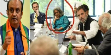 സുധാംശു ചതുര്‍വേദി (ഇടത്ത്) രാഹുല്‍ഗാന്ധി യുഎസില്‍ ജോര്‍ജ്ജ് സോറോസിന്‍റെ അനുയായിയായ സുനിത വിശ്വനാഥന്‍ ഉള്‍പ്പെടെയുള്ളവരുമായി ചര്‍ച്ച നടത്തുന്നു (വലത്ത്)