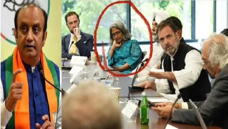 സുധാംശു ചതുര്‍വേദി (ഇടത്ത്) രാഹുല്‍ഗാന്ധി യുഎസില്‍ ജോര്‍ജ്ജ് സോറോസിന്‍റെ അനുയായിയായ സുനിത വിശ്വനാഥന്‍ ഉള്‍പ്പെടെയുള്ളവരുമായി ചര്‍ച്ച നടത്തുന്നു (വലത്ത്)