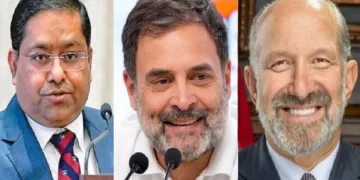 ഇന്ത്യയുടെ വിദേശകാര്യസെക്രട്ടറി രണ്‍ധീര്‍ ജയ്സ്വാള്‍ (ഇടത്ത്) അമേരിക്കയുടെ വ്യാപാര സെക്രട്ടറി ഹൊവാര്‍ഡ് ലുട്നിക് (വലത്ത്)