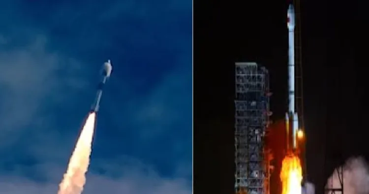 ഇന്ത്യയുടെ 62ാമത് പിഎസ് എല്‍വി റോക്കറ്റ് വിക്ഷേപണം (ഇടത്ത്) ചൈനയുടെ ലോംഗ് മാര്‍ച്ച് 3ബി റോക്കറ്റ് വിക്ഷേപണം (വലത്ത്)