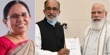 അല്‍ഫോണ്‍സ് കണ്ണന്താനം മോദിയ്ക്കൊപ്പം (വലത്ത്) ശൈലജ ടീച്ചര്‍ (ഇടത്ത്)