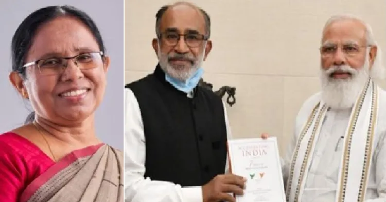 അല്‍ഫോണ്‍സ് കണ്ണന്താനം മോദിയ്ക്കൊപ്പം (വലത്ത്) ശൈലജ ടീച്ചര്‍ (ഇടത്ത്)