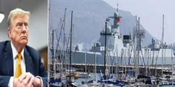 ട്രംപ് (ഇടത്ത്) ചൈന, റഷ്യ, ഇറാന്‍ യുദ്ധക്കപ്പലുകള്‍ ദക്ഷിണാഫ്രിക്ക കടല്‍ത്തീരത്ത് സംയുക്തമായി നടത്തുന്ന നാവികാഭ്യാസപ്രകടനം(വലത്ത്)