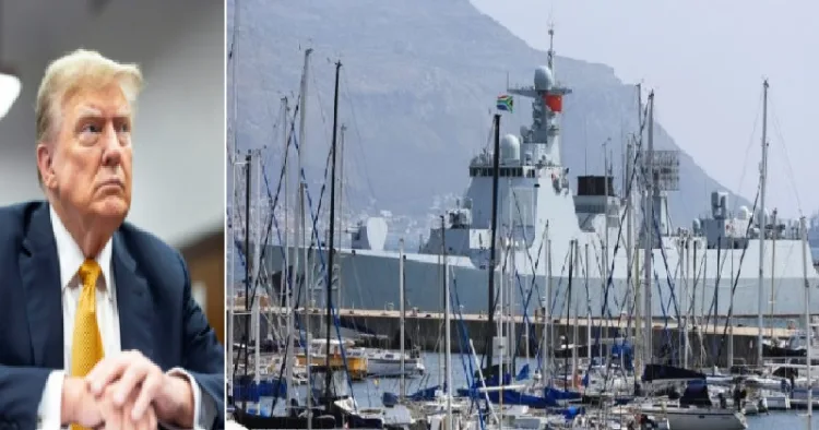 ട്രംപ് (ഇടത്ത്) ചൈന, റഷ്യ, ഇറാന്‍ യുദ്ധക്കപ്പലുകള്‍ ദക്ഷിണാഫ്രിക്ക കടല്‍ത്തീരത്ത് സംയുക്തമായി നടത്തുന്ന നാവികാഭ്യാസപ്രകടനം(വലത്ത്)