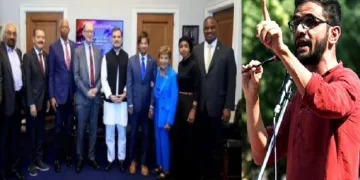 രാഹുല്‍ ഗാന്ധി 2024ല്‍ യുഎസില്‍ സന്ദര്‍ശനം നടത്തി ഇന്ത്യയെ വിമര്‍ശിച്ചതിനിടയില്‍ കൂടിക്കാഴ്ച നടത്തിയവരില്‍ രണ്ട് പേര്‍ ഉമര്‍ ഖാലിദിനെ മോചിപ്പിക്കണമെന്ന് ആവശ്യപ്പെട്ടവര്‍. രാഹുല്‍ ഗാന്ധിയുടെ വലത്ത് വശത്തായി ഇല്‍ഹാന്‍ ഒമറിനെയും ജാന്‍ ചകോവ്സ്കിയെയും കാണാം (ഇടത്ത്) ഉമര്‍ ഖാലിദ് (വലത്ത്)