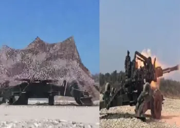 കുന്നിനോട് സാമ്യമുള്ള തുണികൊണ്ട് മുടിയ നിലയില്‍ അറ്റാഗ് പീരങ്കിത്തോക്ക്(ഇടത്ത്) പീരങ്കി വെടിയുതിര‍്ക്കുമ്പോള്‍ (വലത്ത്)