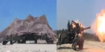 കുന്നിനോട് സാമ്യമുള്ള തുണികൊണ്ട് മുടിയ നിലയില്‍ അറ്റാഗ് പീരങ്കിത്തോക്ക്(ഇടത്ത്) പീരങ്കി വെടിയുതിര‍്ക്കുമ്പോള്‍ (വലത്ത്)