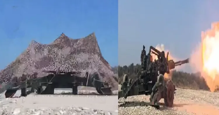 കുന്നിനോട് സാമ്യമുള്ള തുണികൊണ്ട് മുടിയ നിലയില്‍ അറ്റാഗ് പീരങ്കിത്തോക്ക്(ഇടത്ത്) പീരങ്കി വെടിയുതിര‍്ക്കുമ്പോള്‍ (വലത്ത്)