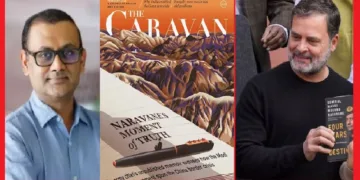 കാരവാന്‍ മാസിക എഡിറ്റര്‍ അനന്ത് നാഥ് (ഇടത്ത്) എം.എം. നരാവനെയുടെ ആത്മകഥയിലെ ഭാഗം പ്രസിദ്ധീകരിച്ച കാരവാന്‍ മാസികയുടെ പുറംചട്ട (നടുവില്‍)