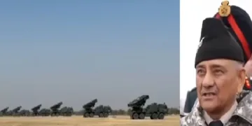 അര്‍മീനിയയുടെ അതിര്‍ത്തിയില്‍ നിരത്തിവെച്ചിരിക്കുന്ന ഇന്ത്യയുടെ പിനാക മിസൈല്‍ വാഹിനികള്‍ (ഇടത്ത്) എല്ലാം നേരിട്ട് നോക്കിക്കണ്ട് ഇന്ത്യയുടെ സംയുക്ത സേനാമേധാവി അനില്‍ ചൗഹാന്‍ (വലത്ത്)