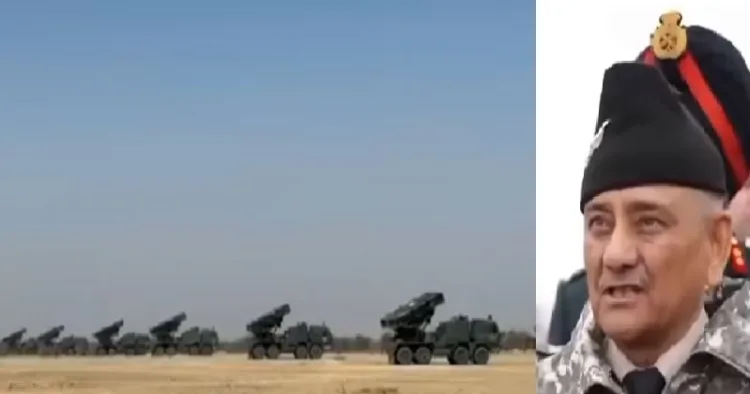 അര്‍മീനിയയുടെ അതിര്‍ത്തിയില്‍ നിരത്തിവെച്ചിരിക്കുന്ന ഇന്ത്യയുടെ പിനാക മിസൈല്‍ വാഹിനികള്‍ (ഇടത്ത്) എല്ലാം നേരിട്ട് നോക്കിക്കണ്ട് ഇന്ത്യയുടെ സംയുക്ത സേനാമേധാവി അനില്‍ ചൗഹാന്‍ (വലത്ത്)