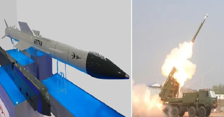 പിനാക മിസൈല്‍ (വലത്ത്) അസ്ത്ര മിസൈല്‍ (ഇടത്ത്)