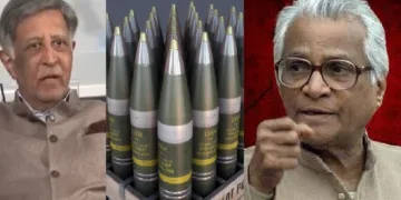 ഭാരത് ഫോര്‍ജ് ഉടമ ബാബ കല്യാണി (ഇടത്ത്) ബോഫോഴ്സ് തോക്കില്‍ ഉപയോഗിക്കാവുന്ന 155എംഎം വെടിയുണ്ടകള്‍ അഥവ് ഷെല്ലുകള്‍ (നടുവില്‍) വാജ്പേയി സര്‍ക്കാരിലെ പ്രതിരോധമന്ത്രി ജോര്‍ജ്ജ് ഫെര്‍ണാണ്ടസ് (വലത്ത്)