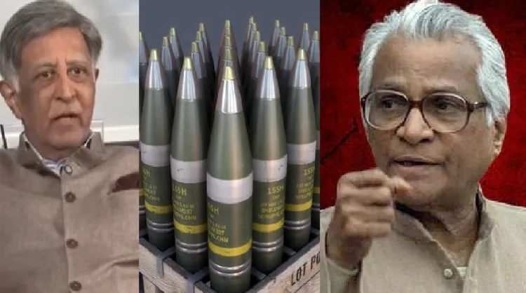 ഭാരത് ഫോര്‍ജ് ഉടമ ബാബ കല്യാണി (ഇടത്ത്) ബോഫോഴ്സ് തോക്കില്‍ ഉപയോഗിക്കാവുന്ന 155എംഎം വെടിയുണ്ടകള്‍ അഥവ് ഷെല്ലുകള്‍ (നടുവില്‍) വാജ്പേയി സര്‍ക്കാരിലെ പ്രതിരോധമന്ത്രി ജോര്‍ജ്ജ് ഫെര്‍ണാണ്ടസ് (വലത്ത്)