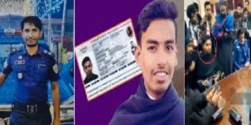 ബംഗ്ലാദേശില്‍ ജമാ അത്തെ ഇസ്ലാമിയുടെ പിന്തുണയോടെ നടന്ന കലാപത്തില്‍ വിദ്യാര്‍ത്ഥികള്‍ അടിച്ചുകൊന്ന പൊലീസ് ഇന്‍സ്പെക്ടര്‍ സന്തോഷ് ചൗധരി (ഇടത്ത്) കഴിഞ്ഞ ദിവസം ദല്‍ഹി വിമാനത്താവളത്തില്‍ അറസ്റ്റിലായ ബംഗ്ലാദേശി വിദ്യാര്‍ത്ഥി നേതാവ് അഹമ്മദ് റാസ ഹസന്‍. ഇയാളാണ് സന്തോഷ് ചൗധരിയെ അടിച്ചുകൊന്നത് (നടുവില്‍) ഹിന്ദുസമുദായക്കാരനയ പൊലീസ് ഇന്‍സ്പെക്ടറെ അടിച്ചുകൊന്നത് താന്‍ ചെയ്ത ഒരു വീരകൃത്യമായി മാധ്യമ പ്രവര്‍ത്തകരുടെ മുന്‍പില്‍ അവതരിപ്പിക്കുന്ന അഹമ്മദ് റാസ ഹസന്‍ (വലത്ത്)