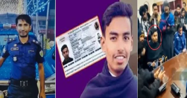 ബംഗ്ലാദേശില്‍ ജമാ അത്തെ ഇസ്ലാമിയുടെ പിന്തുണയോടെ നടന്ന കലാപത്തില്‍ വിദ്യാര്‍ത്ഥികള്‍ അടിച്ചുകൊന്ന പൊലീസ് ഇന്‍സ്പെക്ടര്‍ സന്തോഷ് ചൗധരി (ഇടത്ത്) കഴിഞ്ഞ ദിവസം ദല്‍ഹി വിമാനത്താവളത്തില്‍ അറസ്റ്റിലായ ബംഗ്ലാദേശി വിദ്യാര്‍ത്ഥി നേതാവ് അഹമ്മദ് റാസ ഹസന്‍. ഇയാളാണ് സന്തോഷ് ചൗധരിയെ അടിച്ചുകൊന്നത് (നടുവില്‍) ഹിന്ദുസമുദായക്കാരനയ പൊലീസ് ഇന്‍സ്പെക്ടറെ അടിച്ചുകൊന്നത് താന്‍ ചെയ്ത ഒരു വീരകൃത്യമായി മാധ്യമ പ്രവര്‍ത്തകരുടെ മുന്‍പില്‍ അവതരിപ്പിക്കുന്ന അഹമ്മദ് റാസ ഹസന്‍ (വലത്ത്)