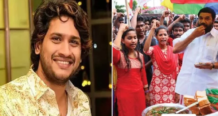 എസ് എഫ് ഐക്കാര്‍ നടത്തിയ ബീഫ് ഫെസ്റ്റിവലില്‍ ബീഫ് കഴിച്ച് ബിജെപിയ്ക്കെതിരെ പ്രതിഷേധിക്കുന്ന മന്ത്രി വാസവന്‍ (വലത്ത്)