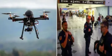 പെന്‍റഗണ്‍ ഉദ്യോഗസ്ഥര്‍ എല്‍ പാസോ വിമാനത്താവളത്തില്‍ ഡ്രോണുകള്‍ നിര്‍വീര്യമാക്കുന്ന പ്രക്രിയയില്‍ (വലത്ത്)