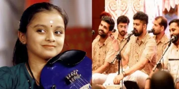 വയലിനിസ്റ്റ് ഗംഗ ശശിധരന്‍ (ഇടത്ത്) നന്ദഗോവിന്ദം ഭജന്‍സ് ഭജന അവതരിപ്പിക്കുന്നു (വലത്ത്)