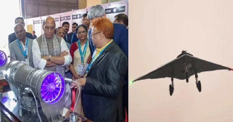 കാവേരി എഞ്ചിന്‍ പരിശോധിക്കുന്ന രാജ്നാഥ് സിങ്ങ് (ഇടത്ത്) ഘാതക് ഡ്രോണ്‍ (വലത്ത്)