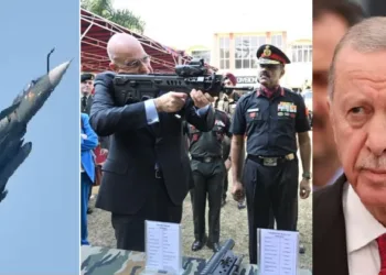 തുര്‍ക്കിയോട് യുദ്ധം ചെയ്യാന്‍ തോക്കും ഡ്രോണും മിസൈലും വേണം; ഇന്ത്യയിലെത്തിയ ഗ്രീസ് വിദേശമന്ത്രിയെ ആകര്‍ഷിച്ച് ഇന്ത്യയുടെ തേജസ് എംകെ1എ എകെ 203 അസോള്‍ട്ട് റൈഫിള്‍ ഉള്‍പ്പെടെ പരിശോധിക്കുന്നു (നടുവില്‍) തുര്‍ക്കിയുടെ പ്രസിഡന്‍റ് എര്‍ദോഗാന്‍ (വലത്ത്)