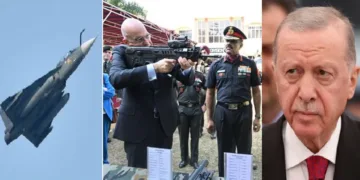 തുര്‍ക്കിയോട് യുദ്ധം ചെയ്യാന്‍ തോക്കും ഡ്രോണും മിസൈലും വേണം; ഇന്ത്യയിലെത്തിയ ഗ്രീസ് വിദേശമന്ത്രിയെ ആകര്‍ഷിച്ച് ഇന്ത്യയുടെ തേജസ് എംകെ1എ എകെ 203 അസോള്‍ട്ട് റൈഫിള്‍ ഉള്‍പ്പെടെ പരിശോധിക്കുന്നു (നടുവില്‍) തുര്‍ക്കിയുടെ പ്രസിഡന്‍റ് എര്‍ദോഗാന്‍ (വലത്ത്)