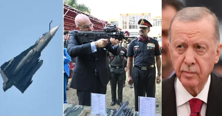 തുര്‍ക്കിയോട് യുദ്ധം ചെയ്യാന്‍ തോക്കും ഡ്രോണും മിസൈലും വേണം; ഇന്ത്യയിലെത്തിയ ഗ്രീസ് വിദേശമന്ത്രിയെ ആകര്‍ഷിച്ച് ഇന്ത്യയുടെ തേജസ് എംകെ1എ എകെ 203 അസോള്‍ട്ട് റൈഫിള്‍ ഉള്‍പ്പെടെ പരിശോധിക്കുന്നു (നടുവില്‍) തുര്‍ക്കിയുടെ പ്രസിഡന്‍റ് എര്‍ദോഗാന്‍ (വലത്ത്)