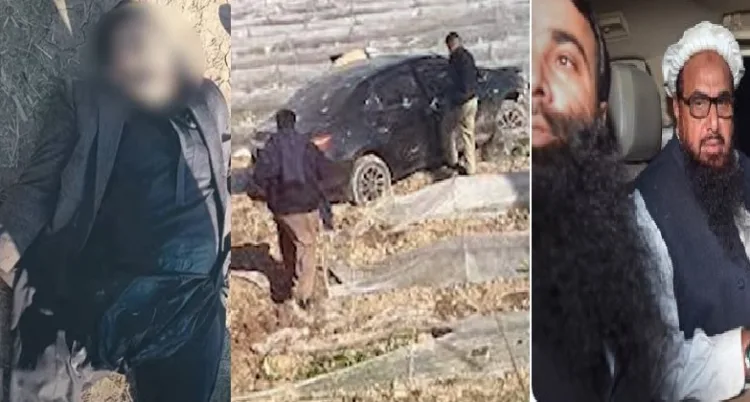 തലയ്ക്ക് വെടിയേറ്റ് മരിച്ച നിലയില്‍ പാക് ലഫ്. കേണലും പഹല്‍ ഗാം ആക്രമണത്തിന് ചുക്കാന്‍ പിടിച്ച ഭീകരനുമായ ഇമ്രാന്‍ (ഇടത്ത്) ഇമ്രാന്‍ യാത്ര ചെയ്തിരുന്ന കാര്‍ (നടുവില്‍) ഇമ്രാന്‍റെ നേതാവായ ലഷ്കര്‍ ഇ ത്വയിബ ചീഫ് ഹഫീസ് സയിദ് (വലത്ത്)