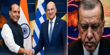 ഇന്ത്യയുടെ പ്രതിരോധമന്ത്രി രാജ് നാഥ് സിങ്ങും ഗ്രീക്ക് പ്രതിരോധമന്ത്രി നിക്കോളാസ് ഡന്‍ഡിയോസും (ഇടത്ത്) തുര്‍ക്കി പ്രസിഡന്‍റ് എര്‍ദോഗാന്‍ (വലത്ത്)