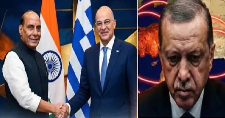 ഇന്ത്യയുടെ പ്രതിരോധമന്ത്രി രാജ് നാഥ് സിങ്ങും ഗ്രീക്ക് പ്രതിരോധമന്ത്രി നിക്കോളാസ് ഡന്‍ഡിയോസും (ഇടത്ത്) തുര്‍ക്കി പ്രസിഡന്‍റ് എര്‍ദോഗാന്‍ (വലത്ത്)