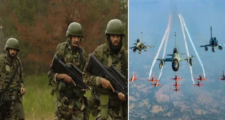 പാകിസ്ഥാന്‍റെ കാലാള്‍പ്പട. ഇതിനാണ് പാകിസ്ഥാന്‍ ഇപ്പോഴും കൂടുതല്‍ പ്രാധാന്യം നല്‍കുന്നത് (ഇടത്ത്) ഇന്ത്യയുടെ ആധുനികയുദ്ധവിമാനങ്ങള്‍ യുദ്ധരംഗത്ത് (വലത്ത്)