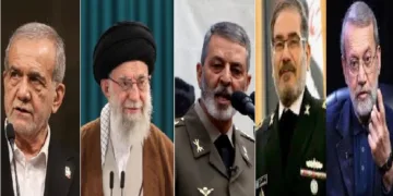 മസൂദ് പെസെഷ്കിയന്‍, ആയത്തൊള്ള അലി ഖമേനി, സയ്യിദ് അബ്ദുള്‍റഹിം മൗസവി, , അലി ഷംഖാനി, അലി ലാറിജാനി (ഇടത്ത് നിന്നും വലത്തേയ്ക്ക്)