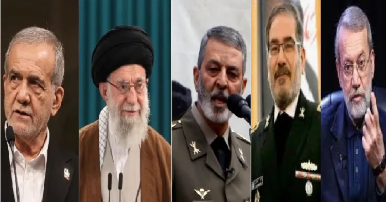 മസൂദ് പെസെഷ്കിയന്‍, ആയത്തൊള്ള അലി ഖമേനി, സയ്യിദ് അബ്ദുള്‍റഹിം മൗസവി, , അലി ഷംഖാനി, അലി ലാറിജാനി (ഇടത്ത് നിന്നും വലത്തേയ്ക്ക്)