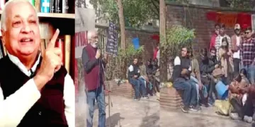 ഇര്‍ഫാന്‍ ഹബീബ് പ്രസംഗിക്കുന്നു (വലത്ത്) ആരിഫ് മുഹമ്മദ് ഖാന്‍ (ഇടത്ത്)