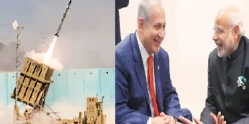 ഇസ്രയേലിന്‍റെ വ്യോമപ്രതിരോധസംവിധാനമായ അയേണ്‍ ഡോമില്‍ നിന്നും ശത്രുലക്ഷ്യം തകര്‍ക്കാന്‍ മിസൈല്‍ കുതിച്ചുയരുന്നു (ഇടത്ത്) മോദിയും ബെഞ്ചമിന്‍ നെതന്യാഹുവും (വലത്ത്)
