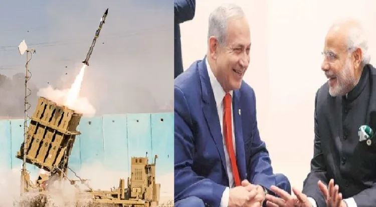 ഇസ്രയേലിന്‍റെ വ്യോമപ്രതിരോധസംവിധാനമായ അയേണ്‍ ഡോമില്‍ നിന്നും ശത്രുലക്ഷ്യം തകര്‍ക്കാന്‍ മിസൈല്‍ കുതിച്ചുയരുന്നു (ഇടത്ത്) മോദിയും ബെഞ്ചമിന്‍ നെതന്യാഹുവും (വലത്ത്)