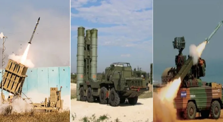 അയേണ്‍ ഡോം (ഇടത്ത്) എസ്400 എന്ന സുദര്‍ശന്‍ ചക്ര (നടുവില്‍) ആകാശ് തീര്‍ (വലത്ത്)