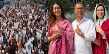 ജമാഅത്തെ ഇസ്ലാമിയുടെ നേതൃത്വത്തില്‍ ബംഗ്ലാദേശില്‍ നടന്ന അക്രമങ്ങള്‍ (ഇടത്ത്) ബംഗ്ലാദേശിലെ തെരഞ്ഞെടുപ്പില്‍ മൃഗീയഭൂരിപക്ഷം നേടി ജയിച്ച താരിഖ് റഹ്മാന്‍ കുടുംബത്തോടൊപ്പം (വലത്ത്)