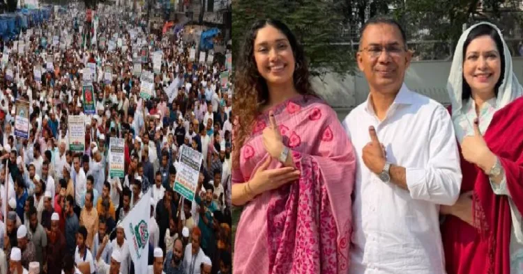 ജമാഅത്തെ ഇസ്ലാമിയുടെ നേതൃത്വത്തില്‍ ബംഗ്ലാദേശില്‍ നടന്ന അക്രമങ്ങള്‍ (ഇടത്ത്) ബംഗ്ലാദേശിലെ തെരഞ്ഞെടുപ്പില്‍ മൃഗീയഭൂരിപക്ഷം നേടി ജയിച്ച താരിഖ് റഹ്മാന്‍ കുടുംബത്തോടൊപ്പം (വലത്ത്)