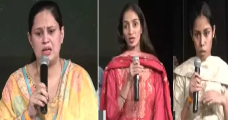 മുസ്ലിം കാമുകന്‍ തന്നെ ബീഫ് തീറ്റിച്ച അനുഭവം വിവരിച്ച് താര (ഇടത്ത്) കേരളാസ്റ്റോറി 2 സിനിമക്കാര്‍ വിളിച്ചു ചേര്‍ത്ത വാര്‍ത്താസമ്മേളനത്തില്‍ ലവ് ജിഹാദിന്‍റെ ക്രൂരതകള്‍ വിവരിച്ച് മറ്റ് രണ്ട് പെണ്‍കുട്ടികള്‍ (നടുവിലും വലത്തും)