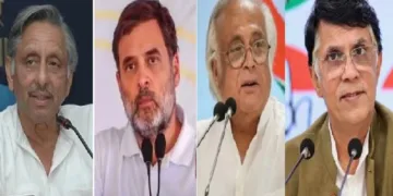 കോണ്‍ഗ്രസ് നേതാവ് മണി ശങ്കര്‍ അയ്യര്‍, രാഹുല്‍ ഗാന്ധി, കോണ്‍ഗ്രസ് വക്താക്കളായ ജയറാം രമേശ്, പവന്‍ ഖേര എന്നിവര്‍ (ഇടത്ത് നിന്നും വലത്തോട്ട്)