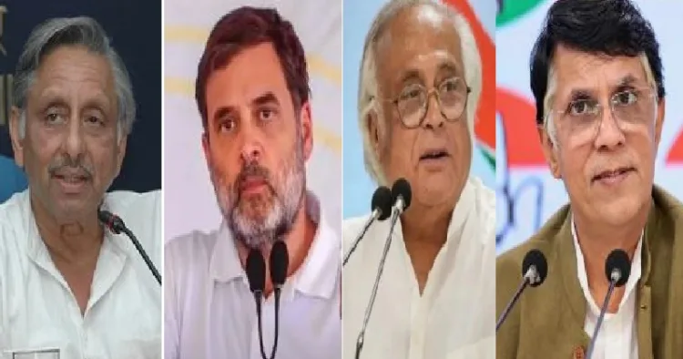 കോണ്‍ഗ്രസ് നേതാവ് മണി ശങ്കര്‍ അയ്യര്‍, രാഹുല്‍ ഗാന്ധി, കോണ്‍ഗ്രസ് വക്താക്കളായ ജയറാം രമേശ്, പവന്‍ ഖേര എന്നിവര്‍ (ഇടത്ത് നിന്നും വലത്തോട്ട്)