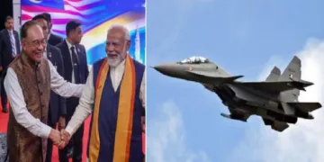 മോദിയും മലേഷ്യന്‍ പ്രധാനമന്ത്രി അന്‍വര്‍ ഇബ്രാഹിമും (ഇടത്ത്) സുഖോയ് 30 യുദ്ധവിമാനം (വലത്ത്)