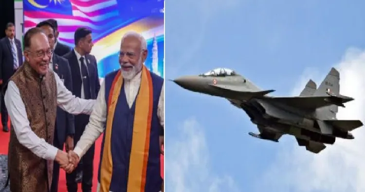 മോദിയും മലേഷ്യന്‍ പ്രധാനമന്ത്രി അന്‍വര്‍ ഇബ്രാഹിമും (ഇടത്ത്) സുഖോയ് 30 യുദ്ധവിമാനം (വലത്ത്)