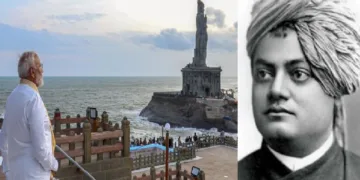 കന്യാകുമാരിയില്‍ വിവേകാനന്ദപ്പാറ സന്ദര്‍ശിച്ചപ്പോള്‍ ധ്യാനനിമഗ്നനായി മോദി (ഇടത്ത്)